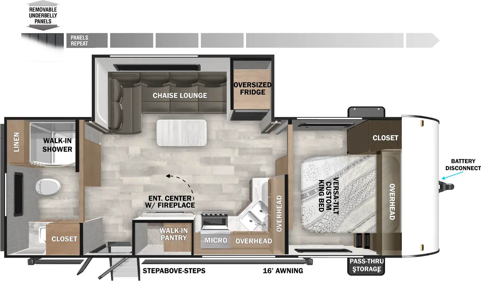 The Evo Southwest T2260 floorplan has one entry and one slide out. Exterior features include: metal exterior and 16' awning. Interiors features include: front bedroom and rear bathroom.